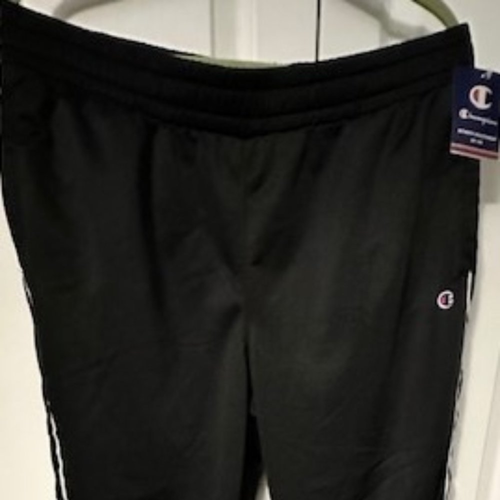 Champions Womens Track Pants (nylon type fabric) black with white stripe side
